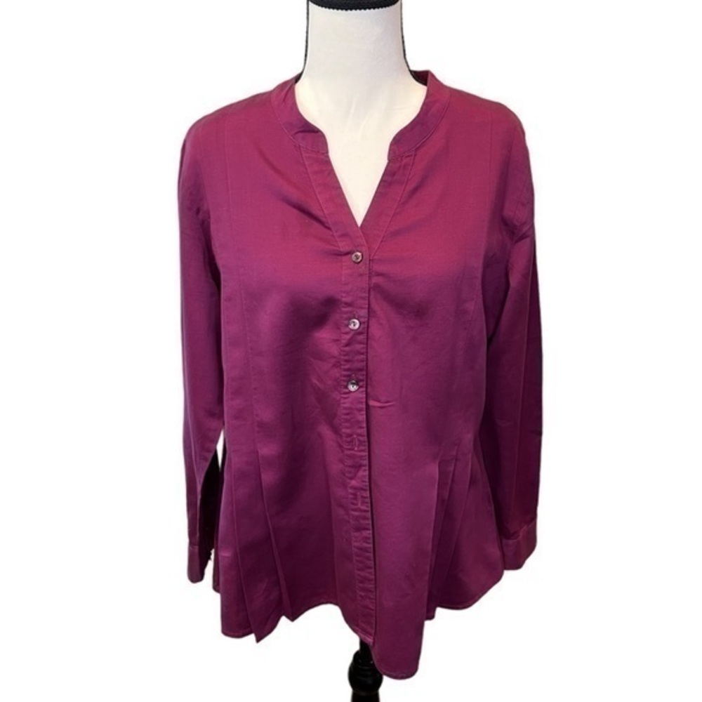 J. Jill Cotton Button Down Pleated V-neck Blouse